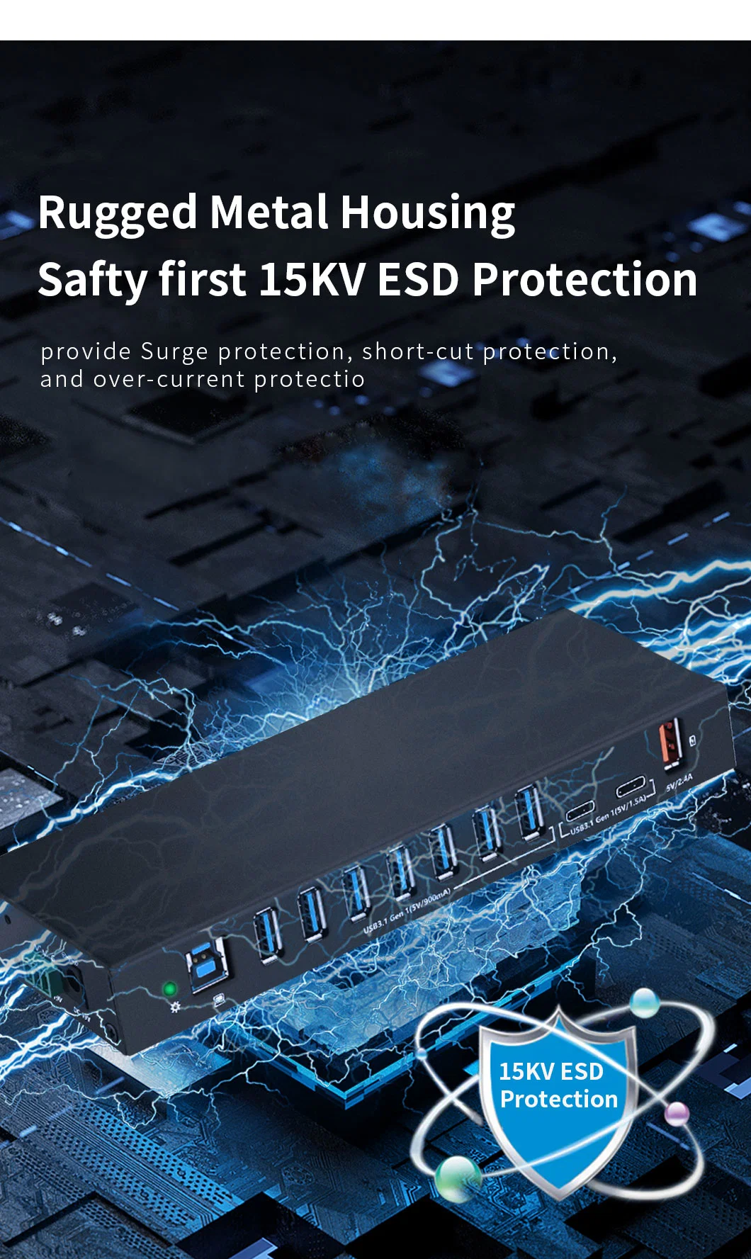10 Port Industrial USB3.0 Hub with 15kv ESD Protection Rail Mounting