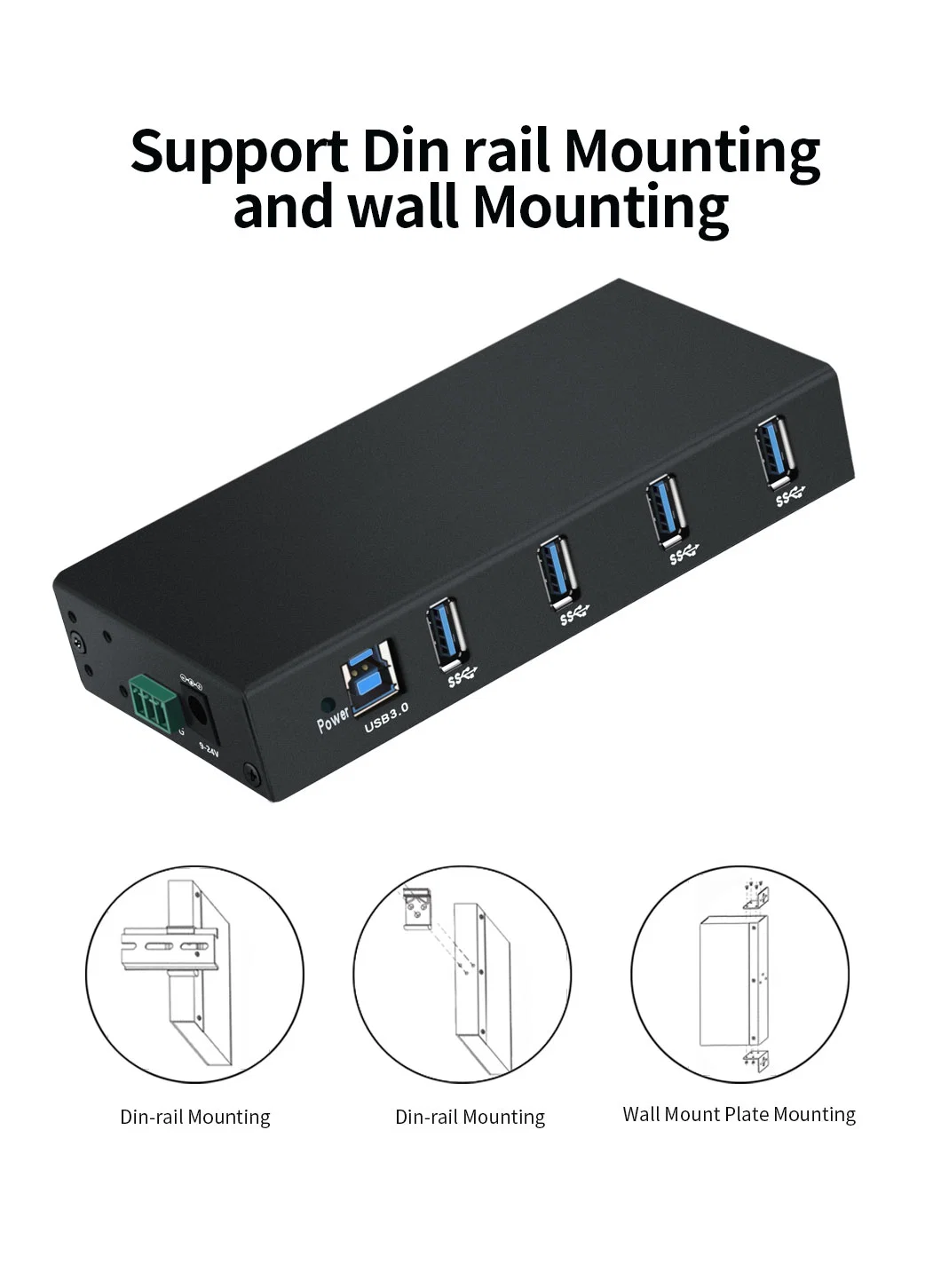 4 Port Industrial USB3.0 Hub with 15kv ESD Protection Rail Mounting