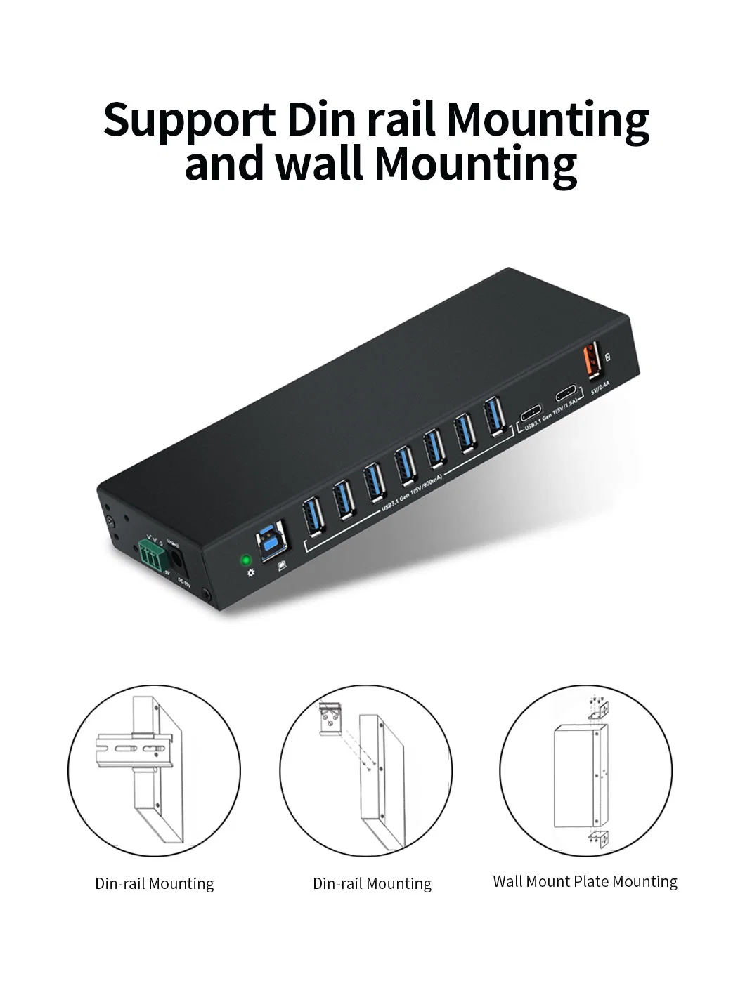 10 Port Industrial USB3.0 Hub with 15kv ESD Protection Rail Mounting